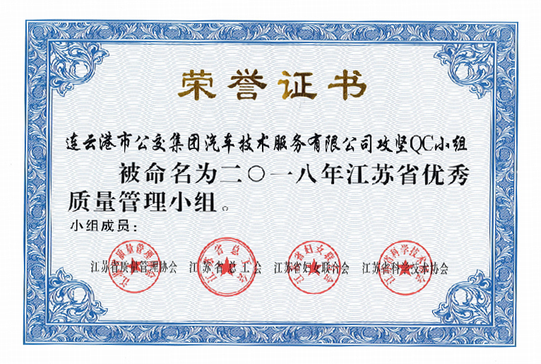 公交集團(tuán)機(jī)務(wù)技術(shù)事業(yè)部“攻堅(jiān)”QC小組喜獲江蘇省優(yōu)秀質(zhì)量管理小組稱(chēng)號(hào)