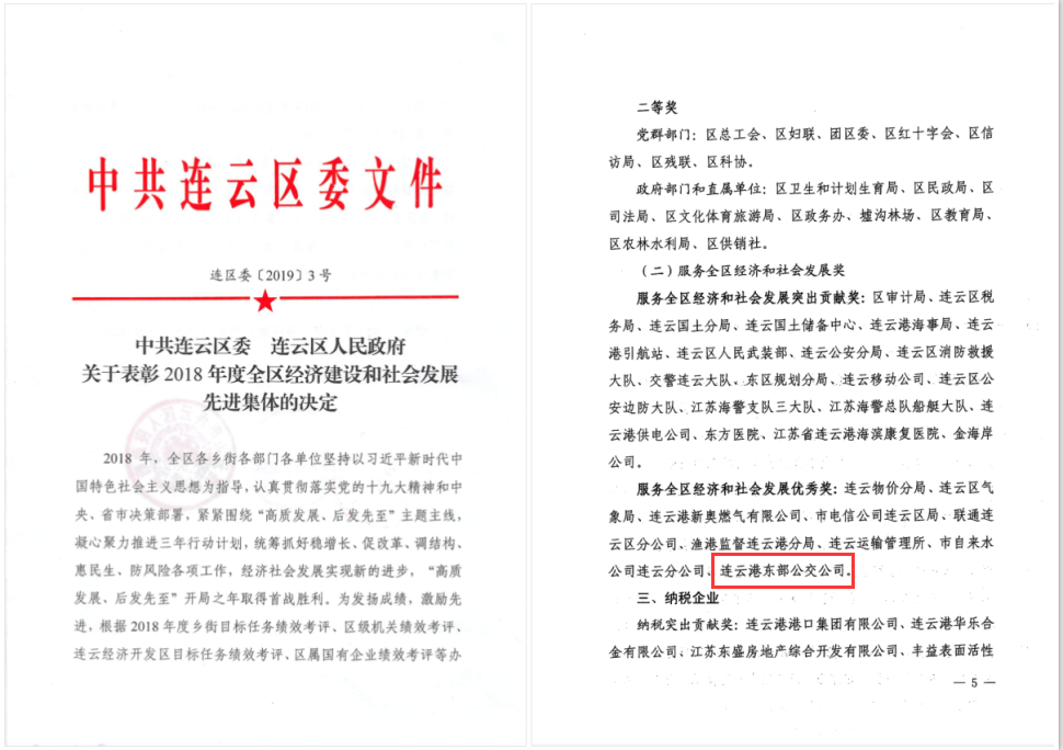 公交集團(tuán)公交事業(yè)二部榮獲連云區(qū)2018年度服務(wù)全區(qū)和社會(huì)發(fā)展優(yōu)秀獎(jiǎng)